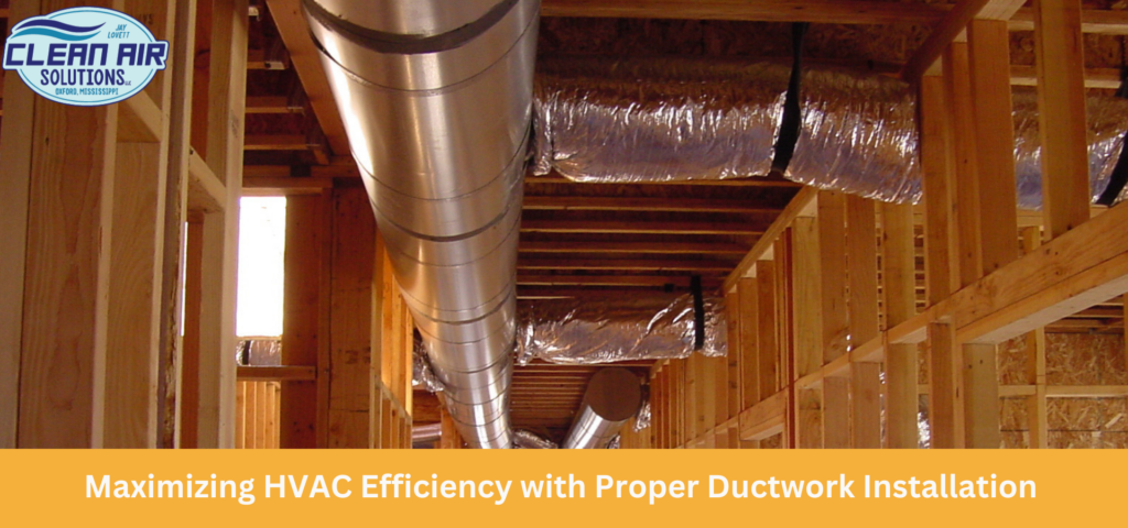 Clean Air Solutions technician performing ductwork installation for optimal HVAC efficiency.